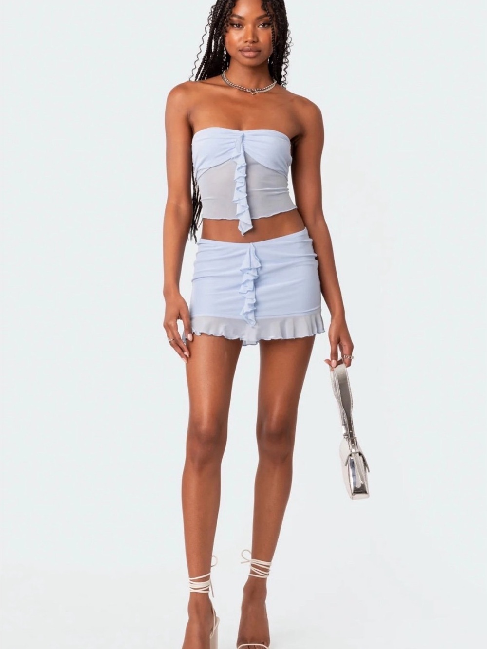 NWT Edikted Light Blue Solange Ruffle Skirt